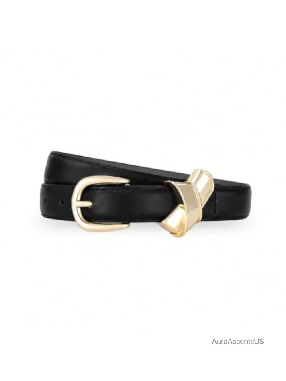 Women's Faux Leather Skinny Belt with Gold Buckle - Adjustable Waist Belt for